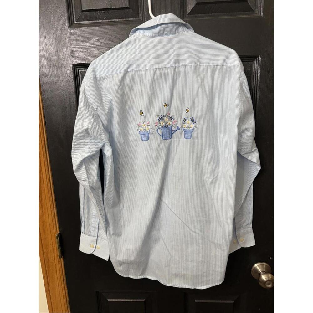 VTG 80s Sz M Button Up Novelty Embroidery Flowers Bees Watering Can Oversized - Picture 7 of 7